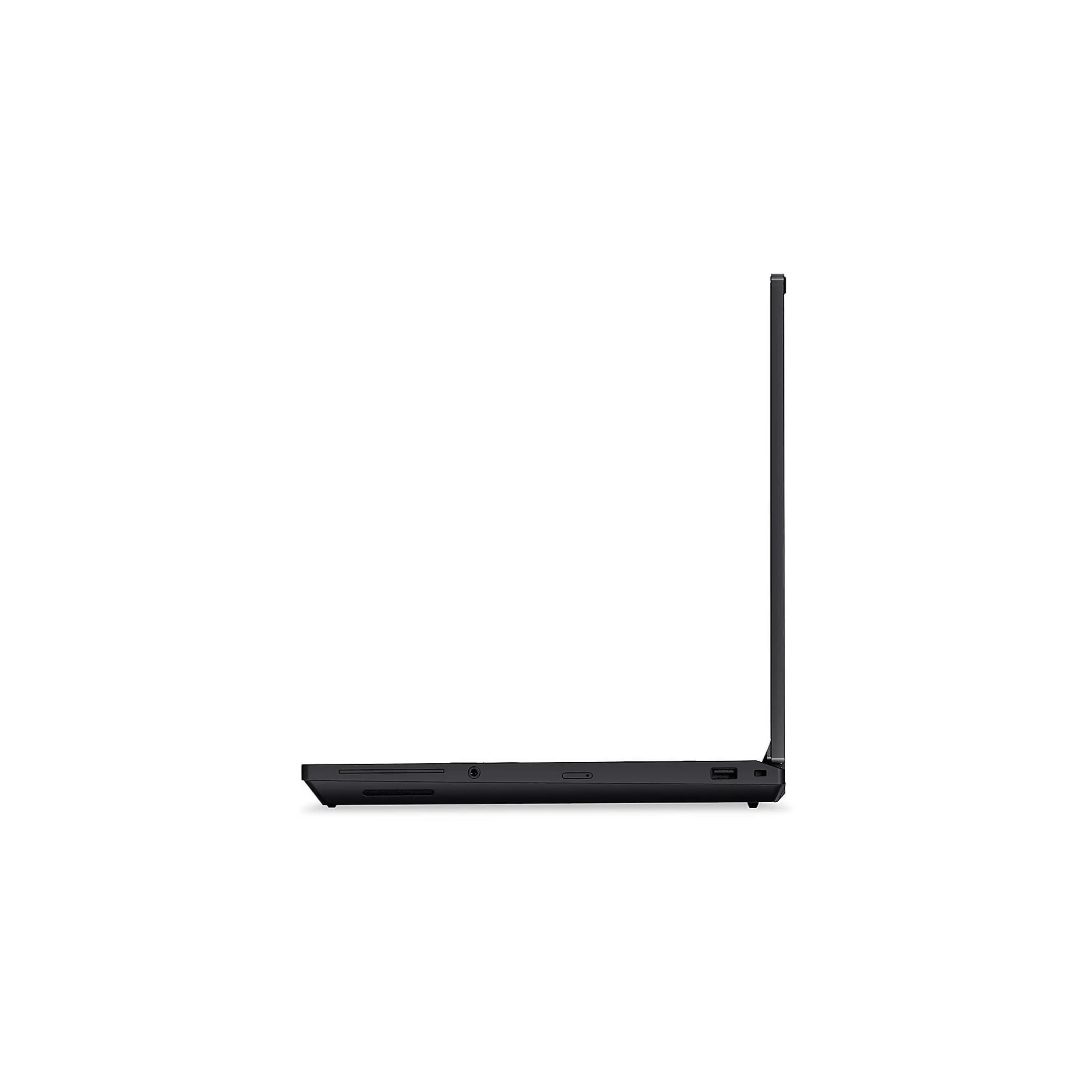 Laptop nero visto di lato, con porte visibili e profilo sottile.