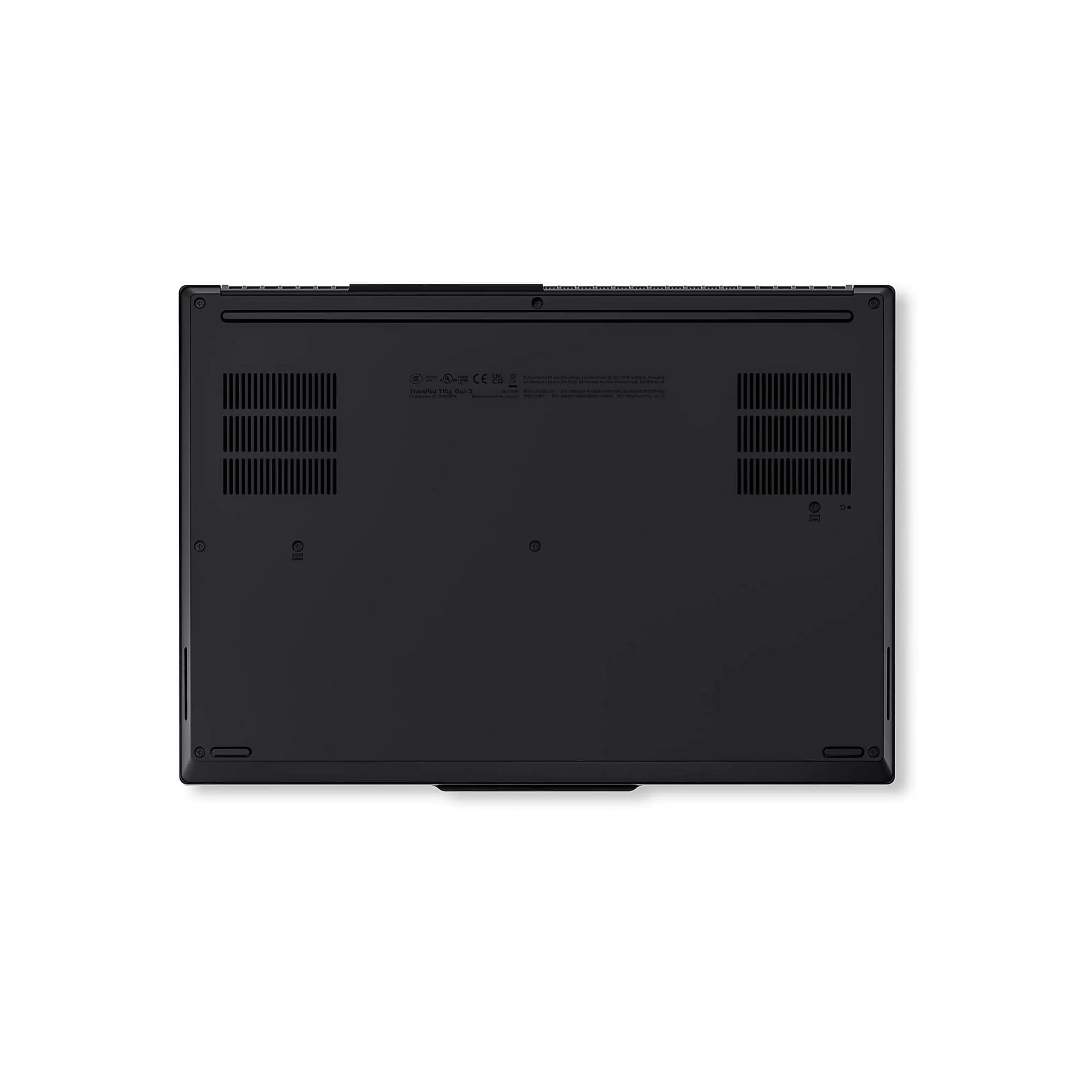 Parte inferiore di un laptop nero con prese d'aria ed etichette.