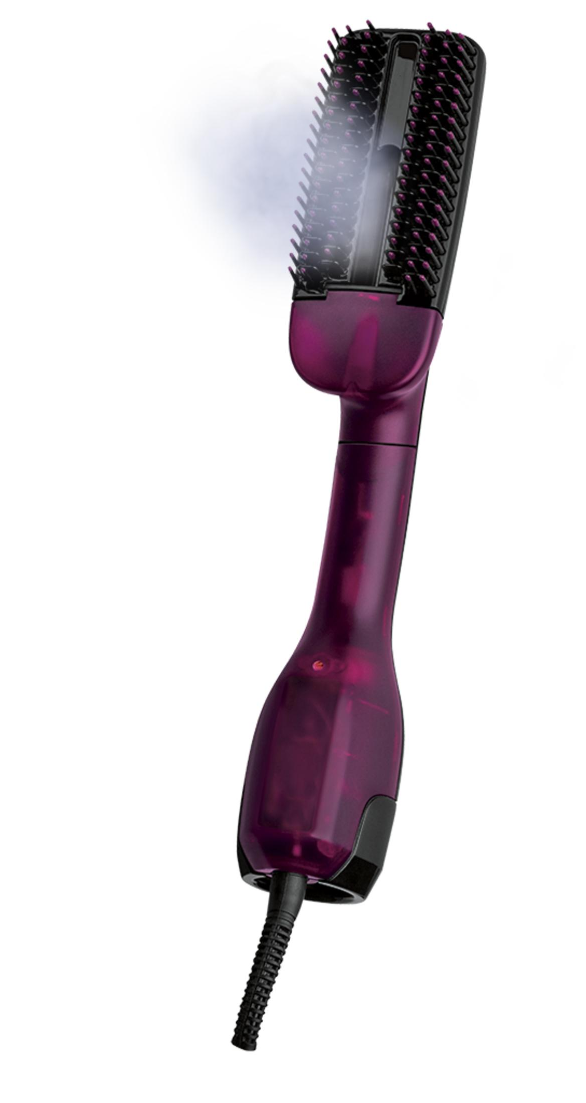 Una styler a vapore viola con setole nere e un cavo.