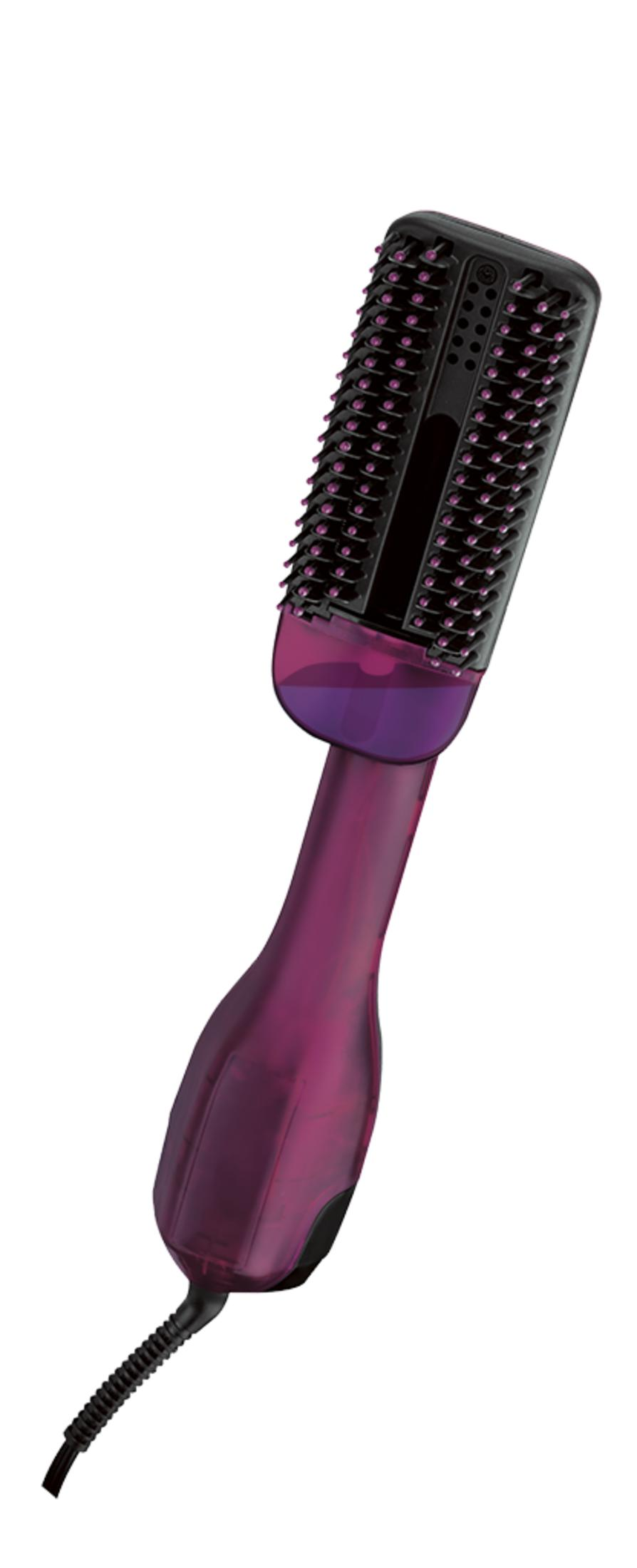 Spazzola asciugacapelli viola con manico e setole nere.