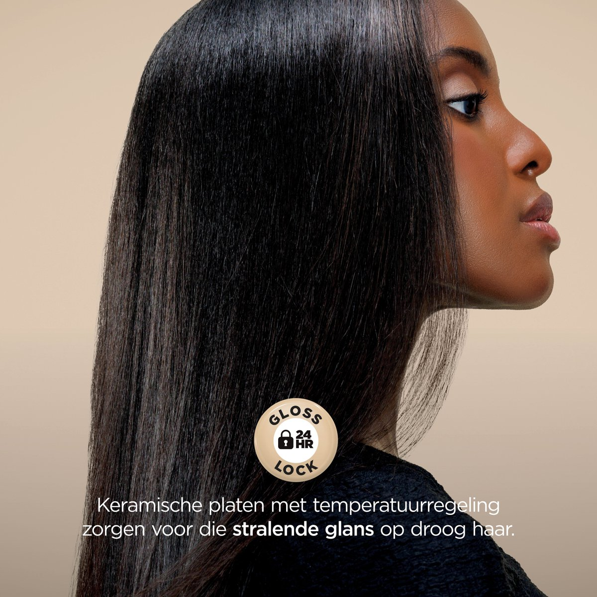 Profilo di una donna con capelli lisci e scuri e logo Gloss Lock 24h.
