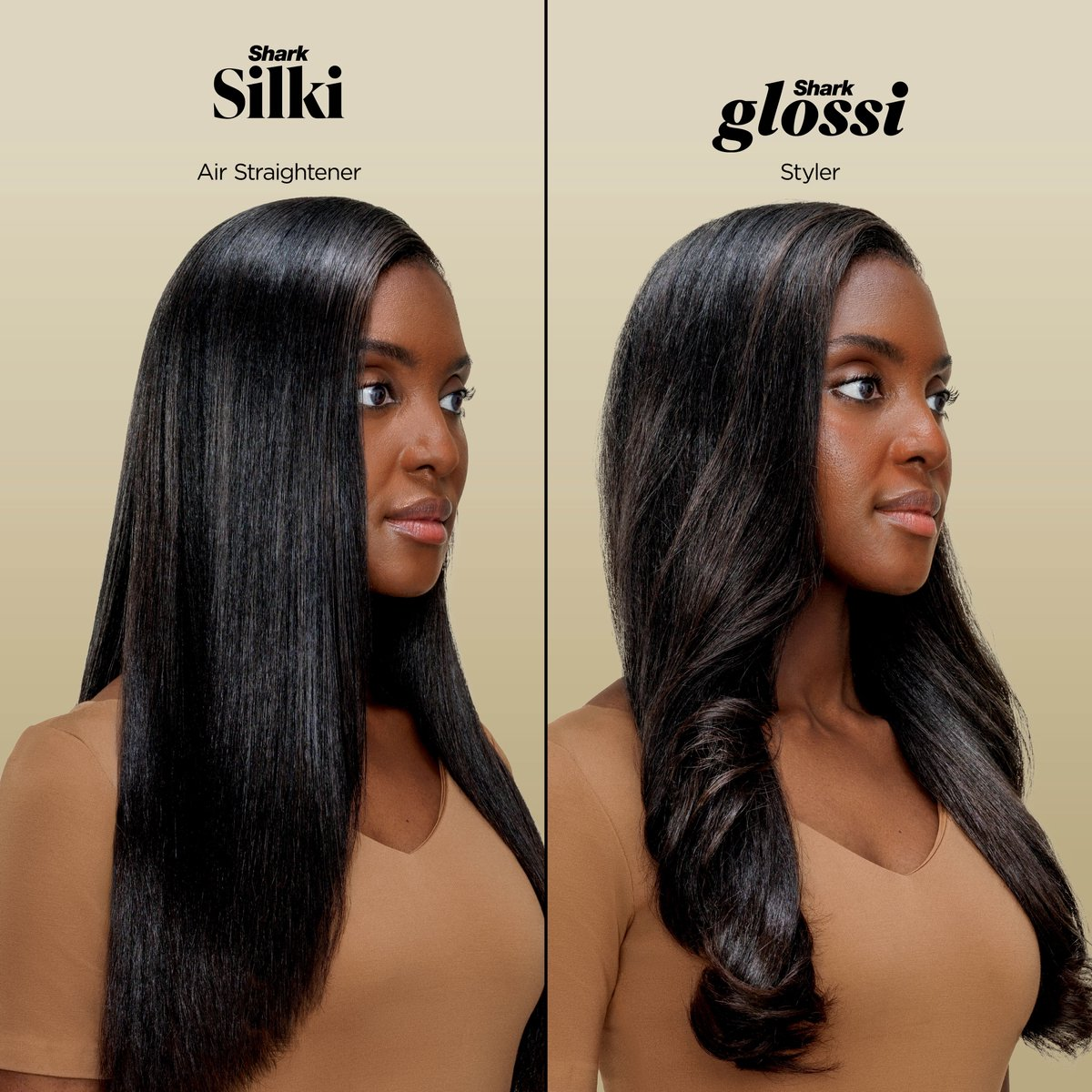 Donna con capelli lisci e acconciati, confronto Shark Silki e Shark Glossi.