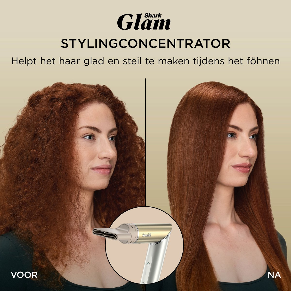 Prima e dopo: Capelli ricci resi lisci con un concentratore styling.