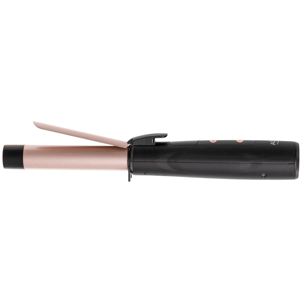Un arricciacapelli color oro rosa con manico nero, isolato su bianco.