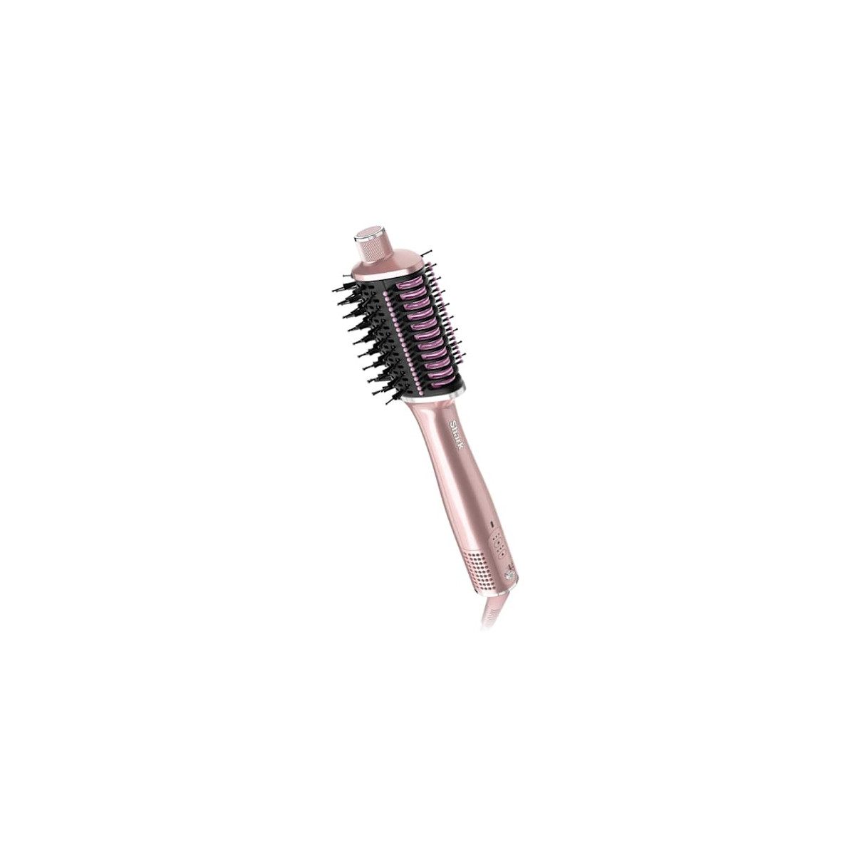 Un styler per capelli oro rosa con setole nere e accenti rosa.