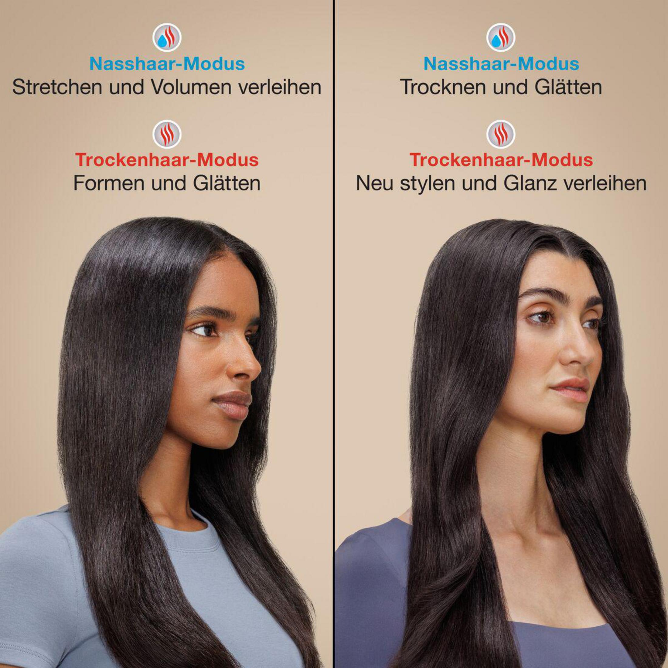 Due donne con capelli lisci e scuri che mostrano diverse modalità di styling.