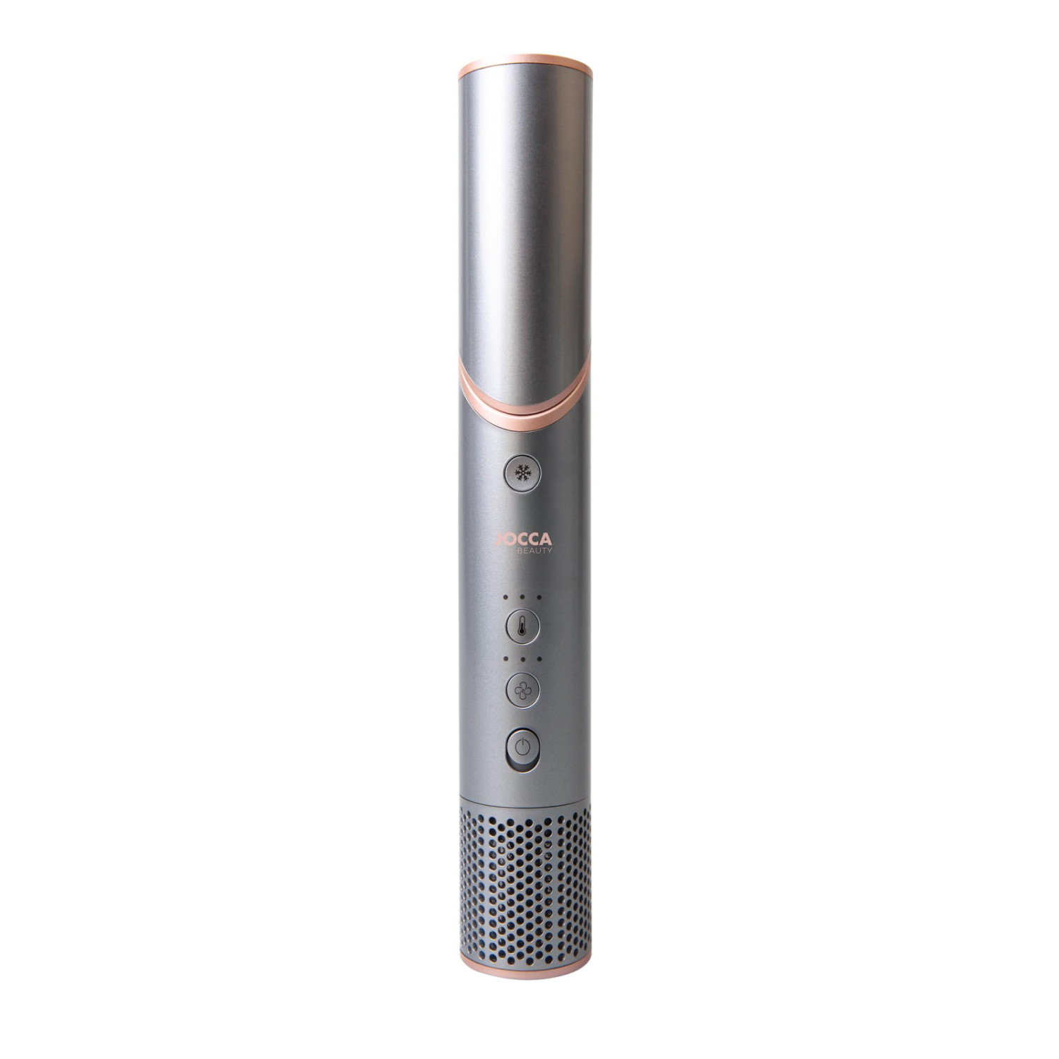 Un elegante asciugacapelli grigio metallico con accenti e pulsanti in oro rosa.