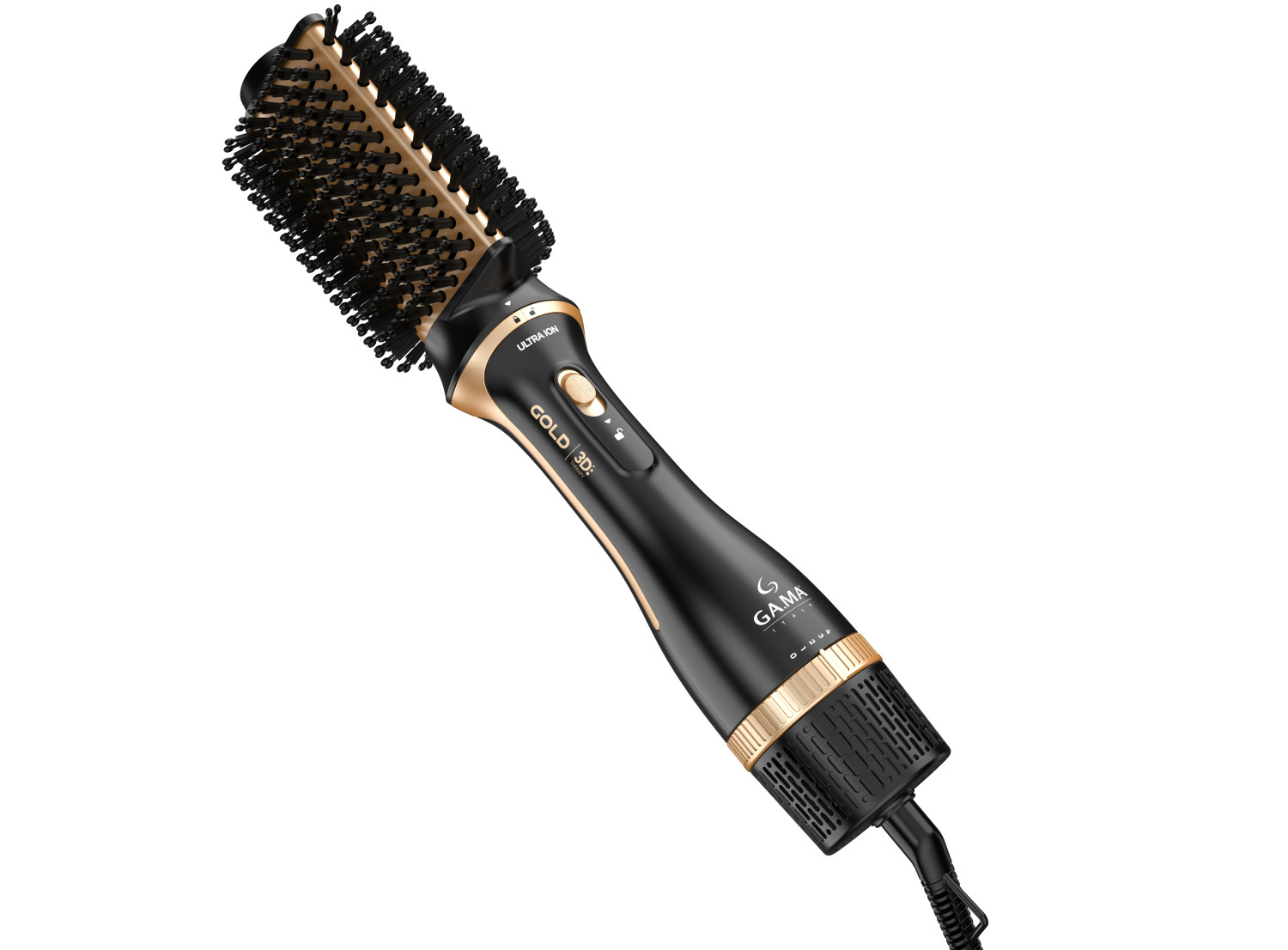 Una spazzola elettrica per capelli nero e oro con setole e controlli.