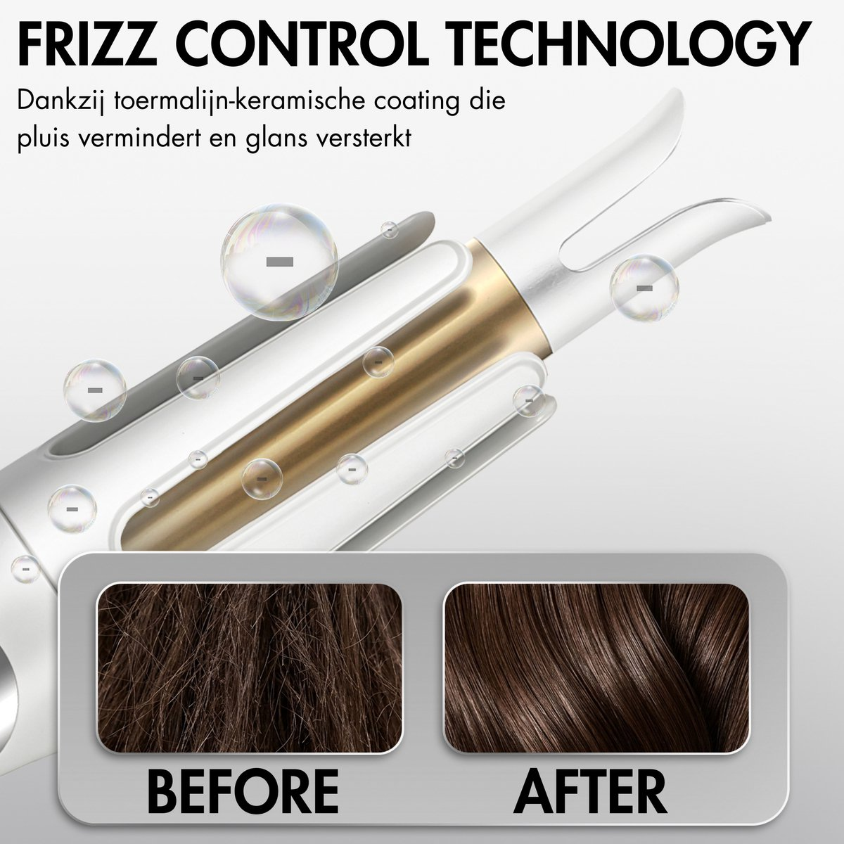 Styling per capelli con confronto capelli 'prima/dopo' e bolle.
