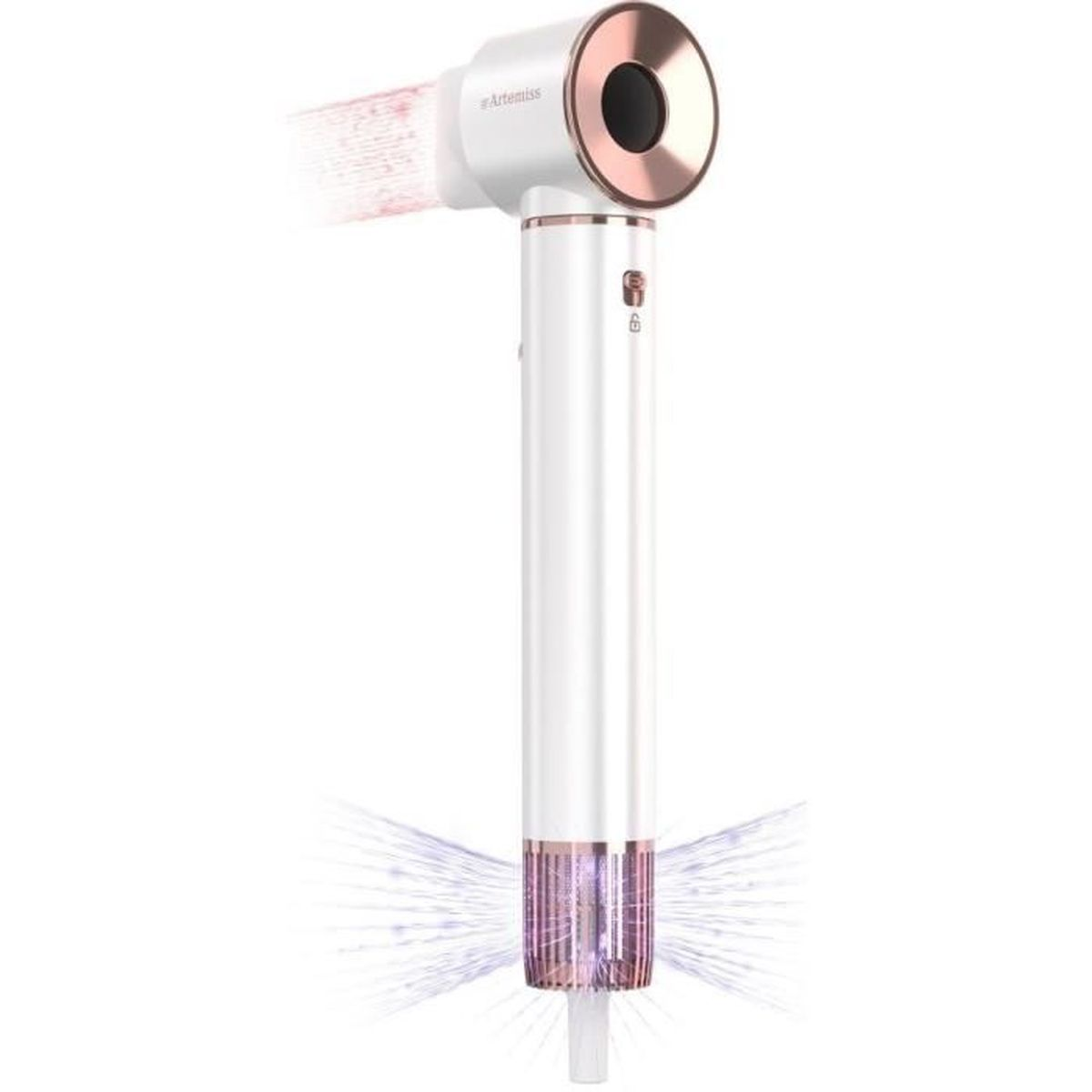Un ventilatore bianco portatile con accenti oro rosa e raggi di luce.