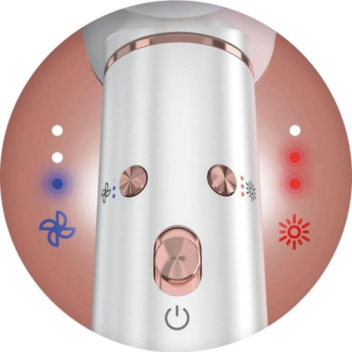 Primo piano di un dispositivo bianco con accenti oro rosa e pulsanti di controllo.