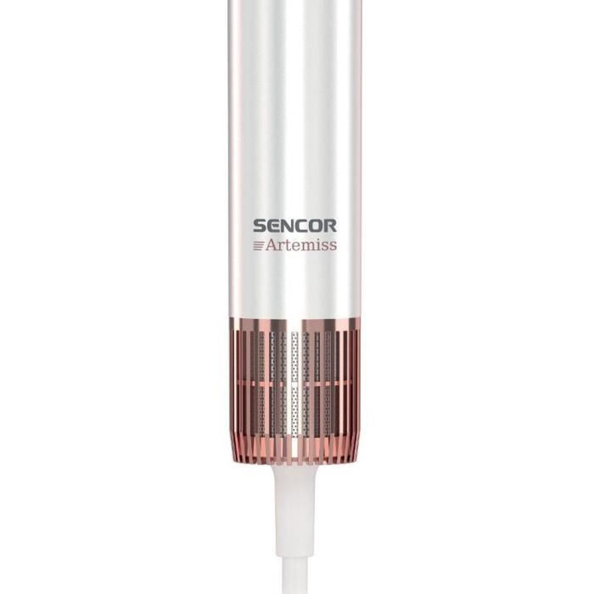 Un asciugacapelli bianco con accenti oro rosa e logo SENCOR.