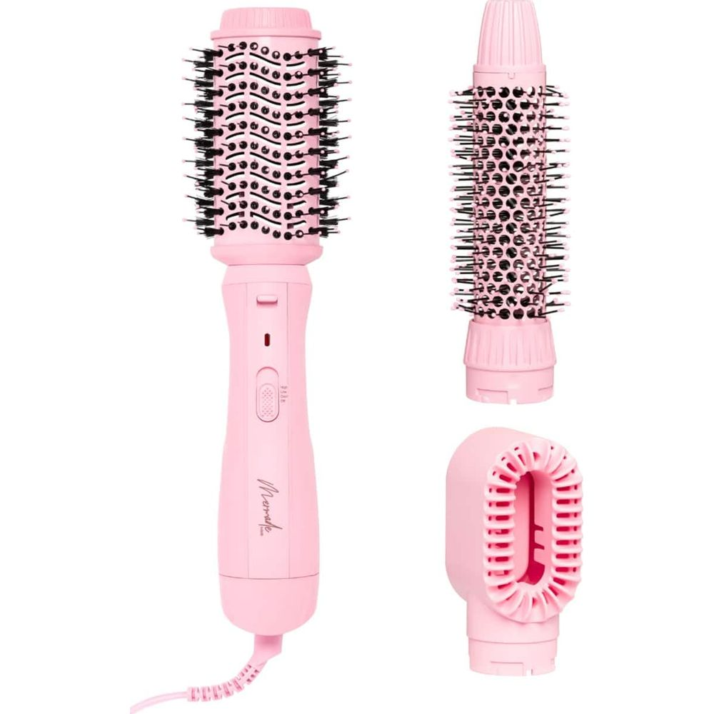 Drei pinke Haarstyling-Geräte: ein Griff mit Bürste, eine separate Bürste und eine Düse.