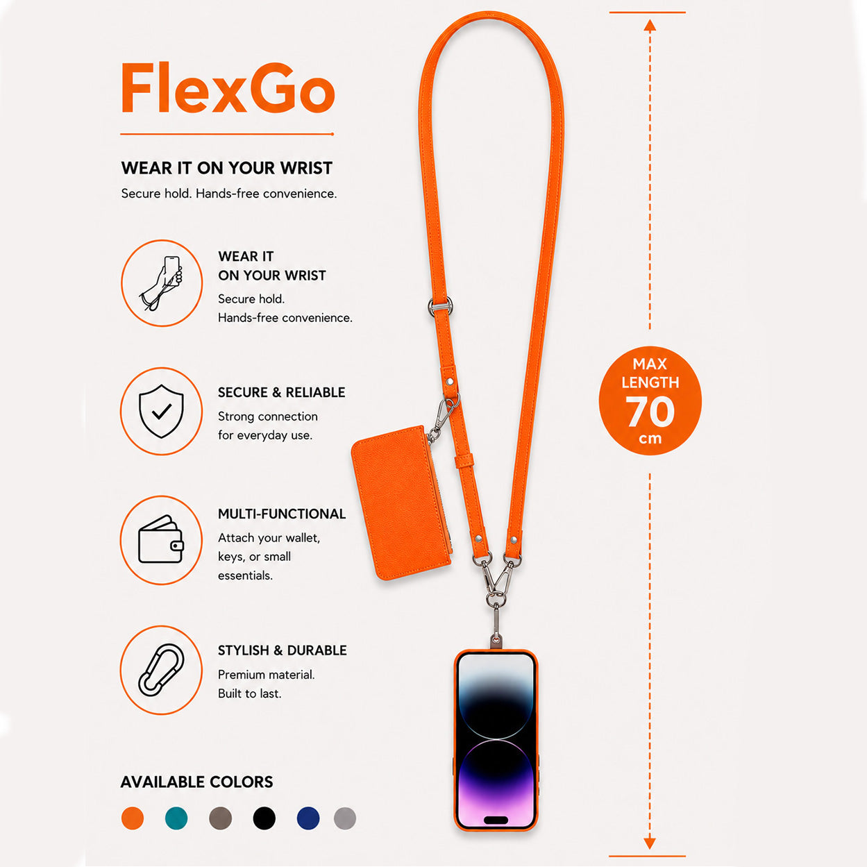 Turuncu FlexGo kordon, cüzdan ve telefon ile. Maks. uzunluk 70 cm.