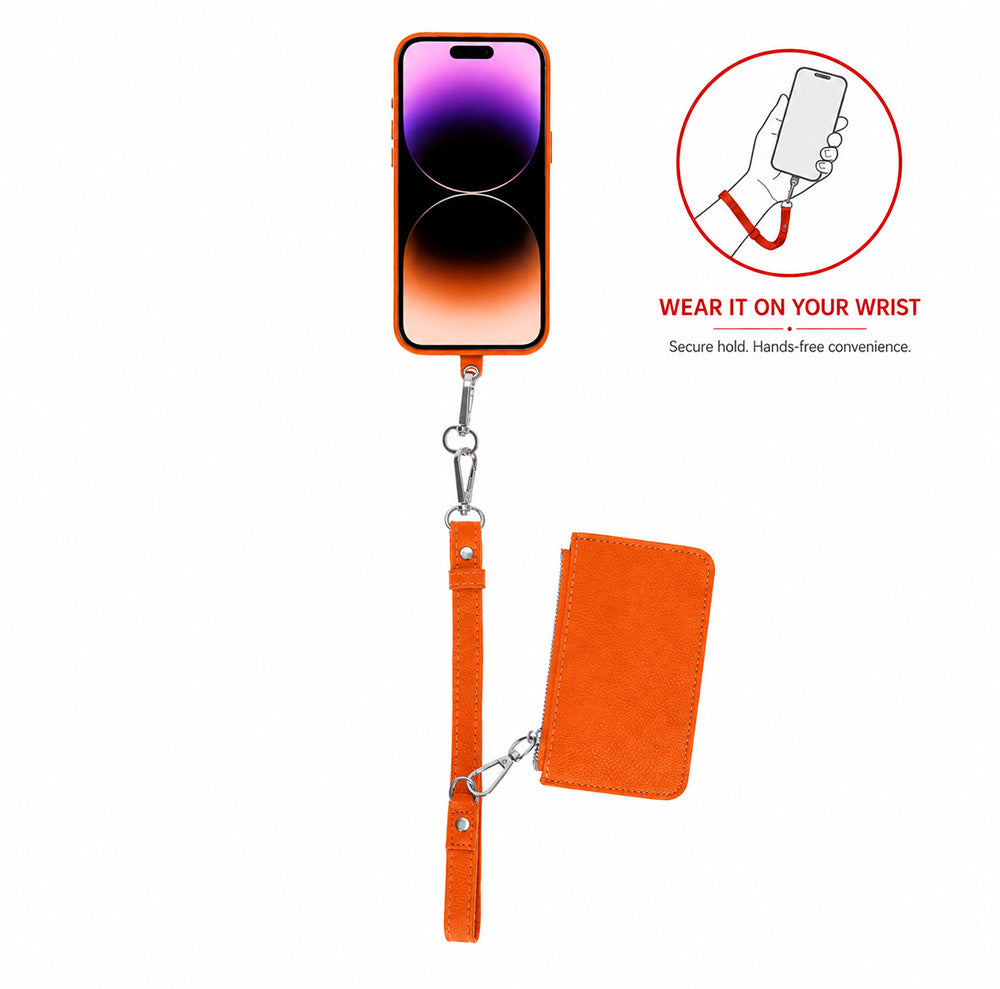 Turuncu iPhone kılıfı, bileklik ve uyumlu cüzdanı.
