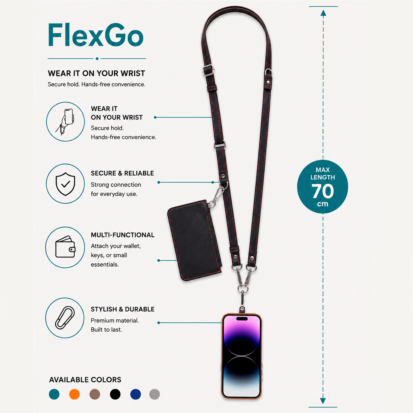 Siyah cüzdanlı, telefonlu ve 70 cm maksimum uzunluk göstergeli FlexGo lanyard.