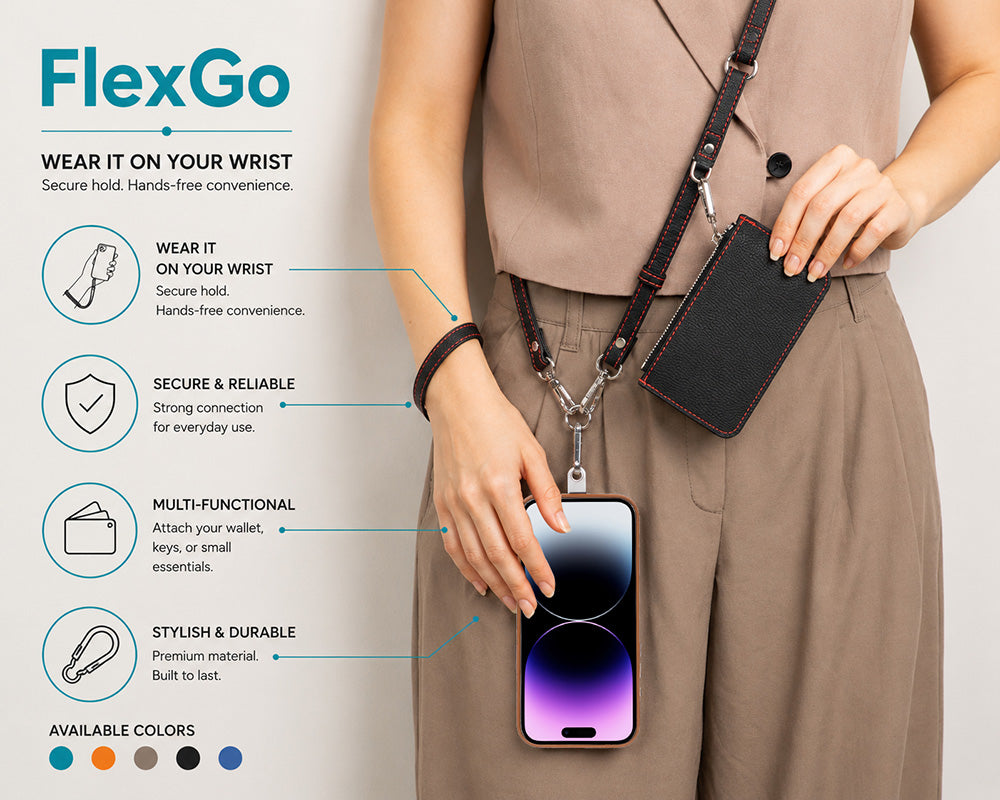 Bir kişi, bilekliği, cüzdanı ve telefonu olan bir FlexGo telefon tutucu sistemi takıyor.