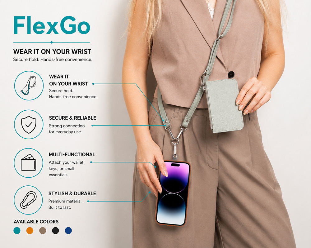 FlexGo: Kadın, askılı telefon kılıfı, cüzdan ve karabina takıyor. Özellikler listelenmiş.