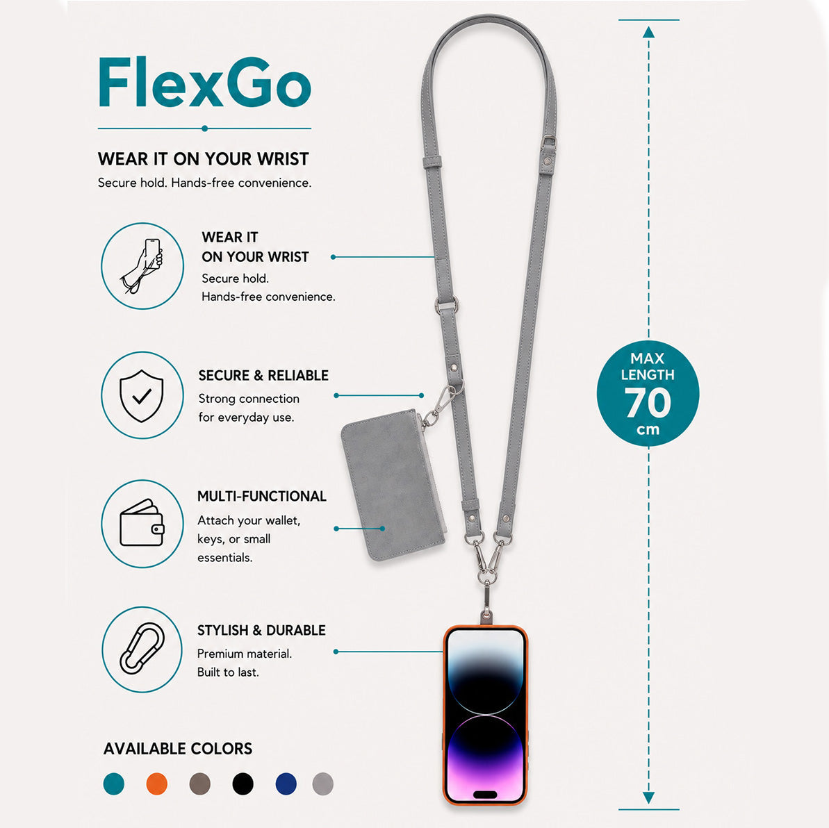 FlexGo telefon kordonu cüzdanlı, maks. uzunluk 70 cm. Bilek kayışlıdır.