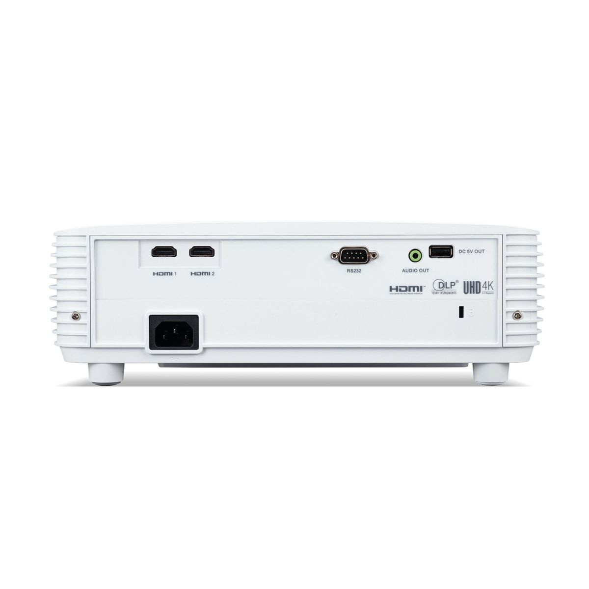 Proiettore bianco con porte: 2x HDMI, RS232, Uscita audio, Uscita CC 5V.
