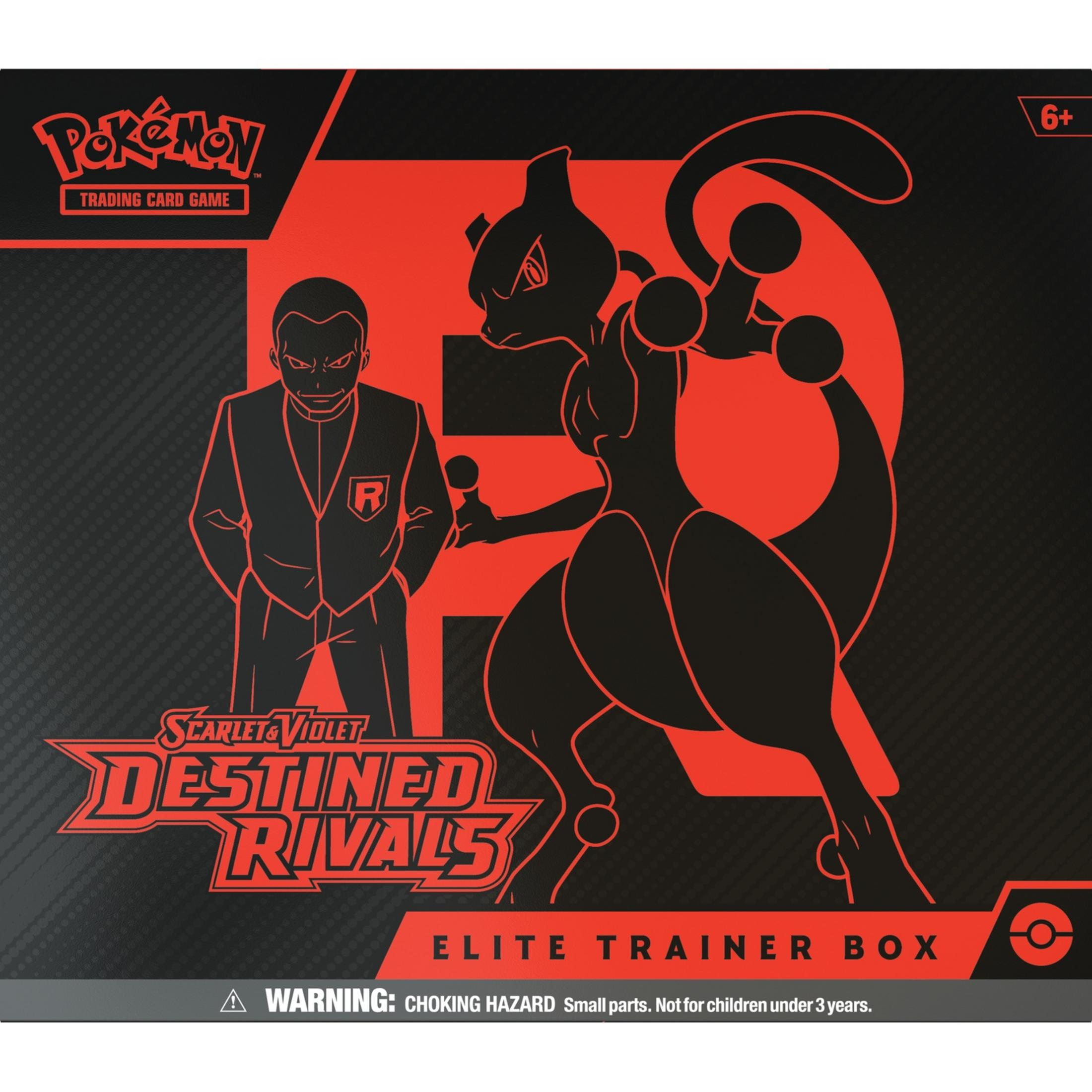 Pokémon Elite Trainer Box mit Mewtu und Mann mit R-Logo.