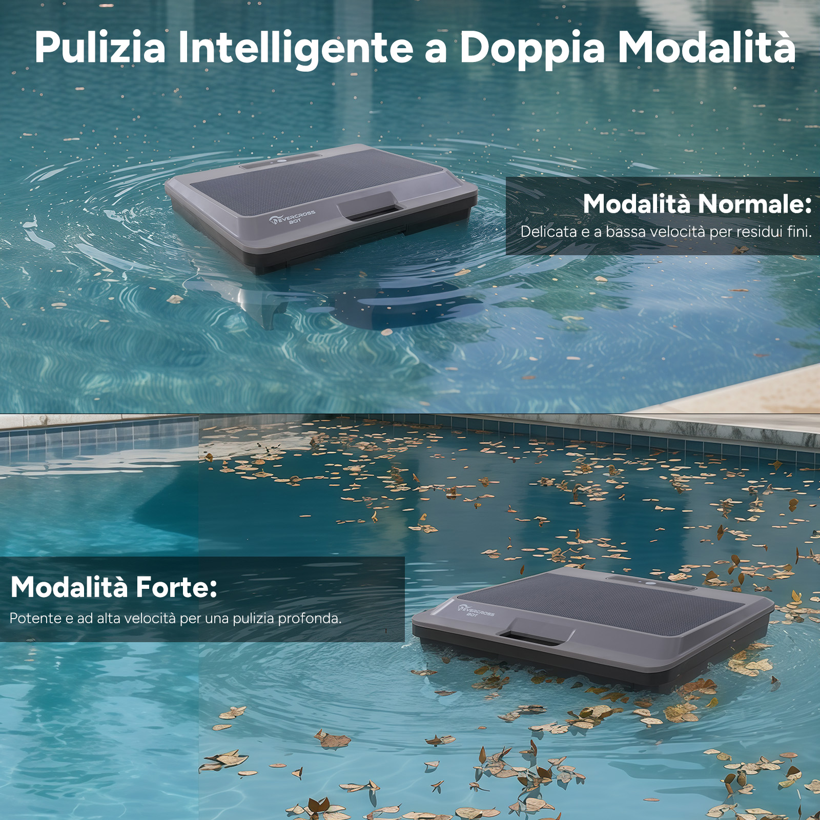 Un robot piscina in due modalità: Normale per residui fini, Forte per pulizia profonda.