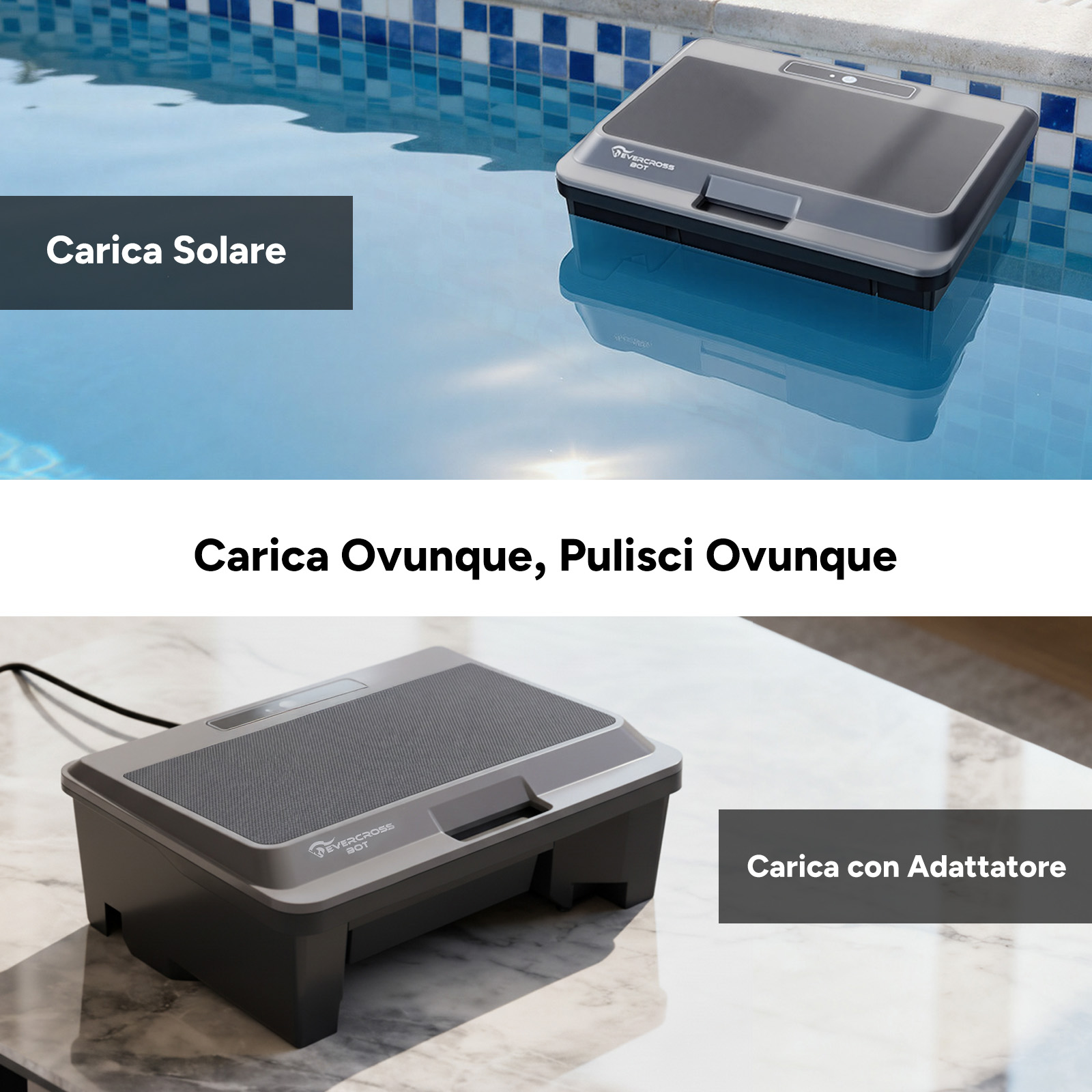 Un pulitore per piscine grigio galleggia nell'acqua. Un altro è su un tavolo.