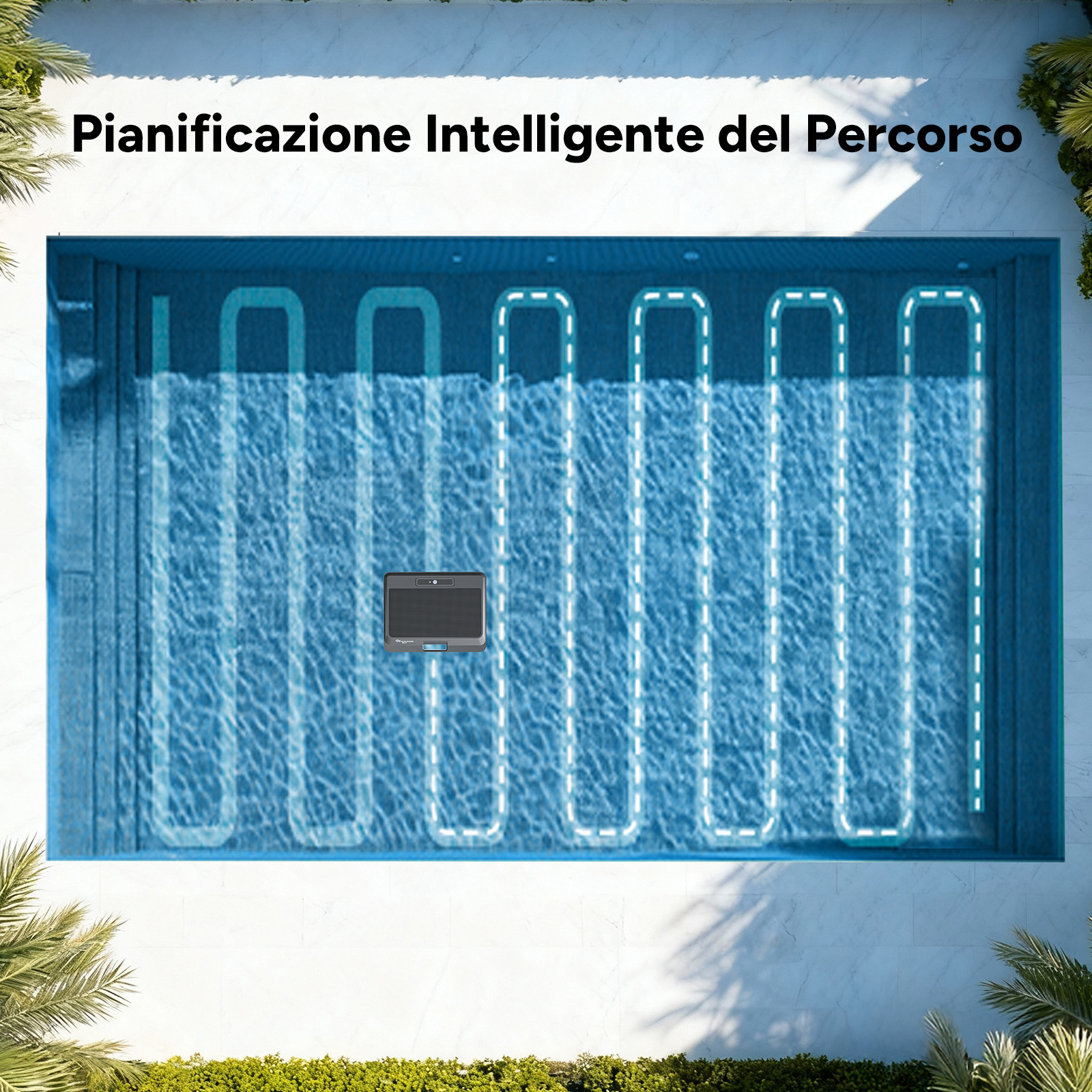 Un robot pulitore pulisce una piscina blu mostrando percorsi di pulizia bianchi tratteggiati.
