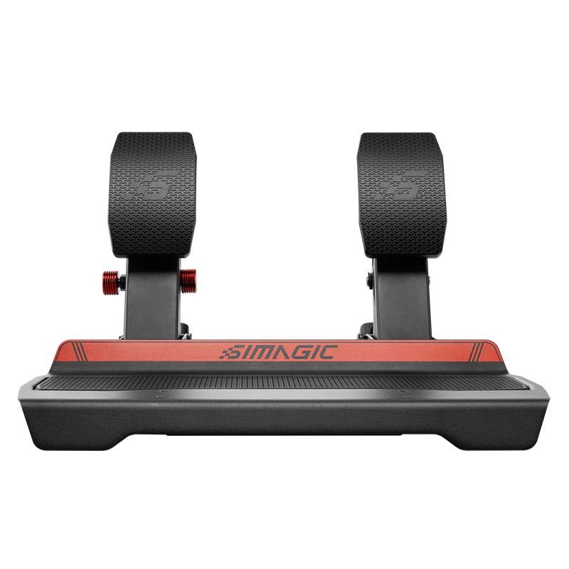SIMAGIC logolu siyah ve kırmızı oyun pedalı simülatörü.