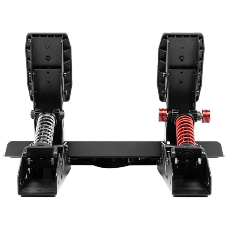 Beyaz arka plan üzerinde gümüş ve kırmızı yaylı iki siyah pedal.