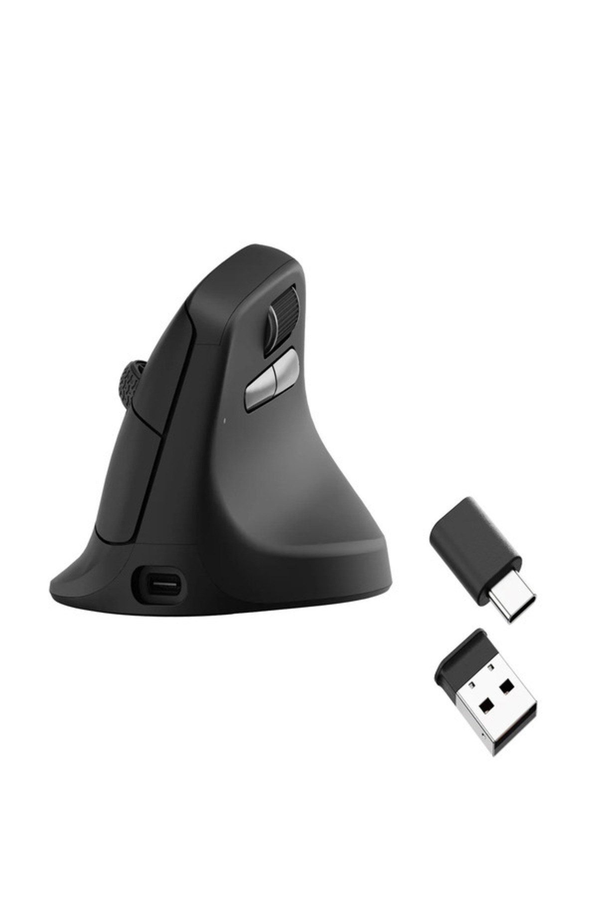 Beyaz arka planda USB-C adaptörlü ve USB dongle'lı siyah dikey fare.