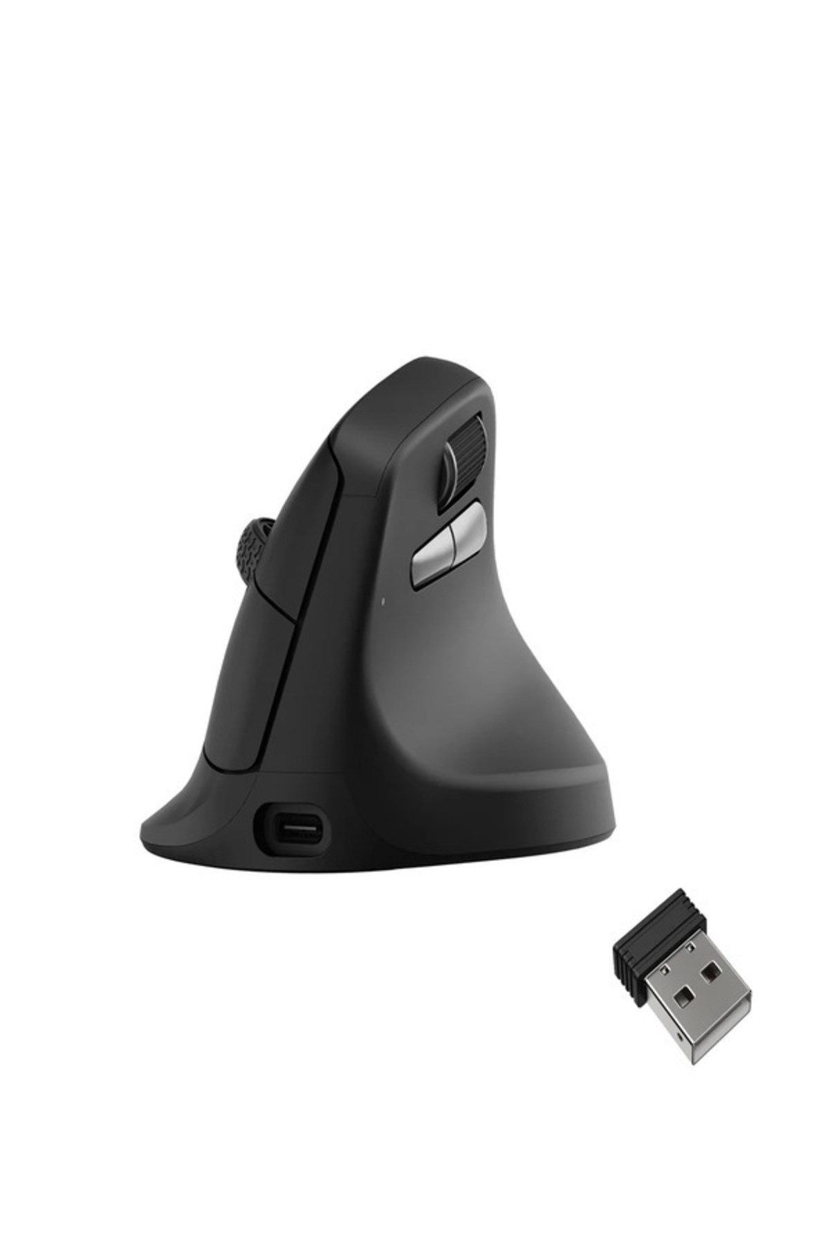 Beyaz zeminde USB dongle'lı siyah dikey fare.