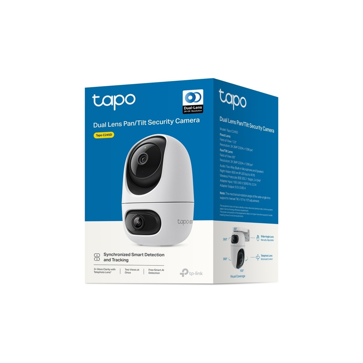 Tapo C245D Çift Lensli Pan/Tilt Güvenlik Kamerası, teknik özellikler ve beyaz kamera.