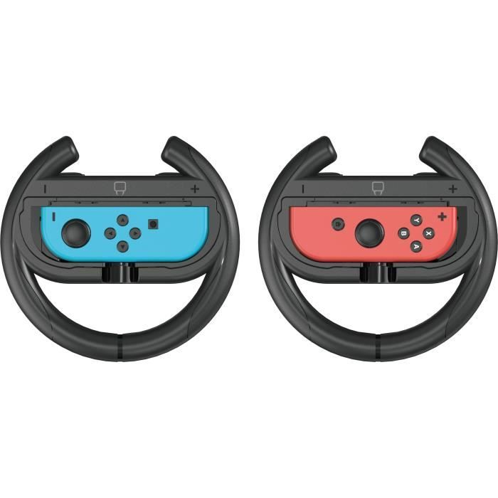 Due volanti neri con console Joy-Con blu e rosse.