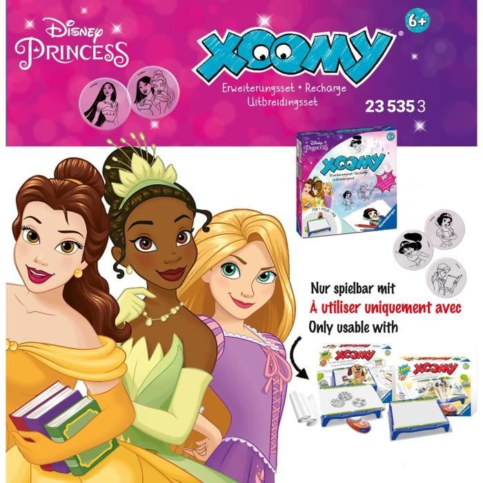 Drei Disney Prinzessinnen Belle, Tiana und Rapunzel mit einem Xoomy Zeichenset.