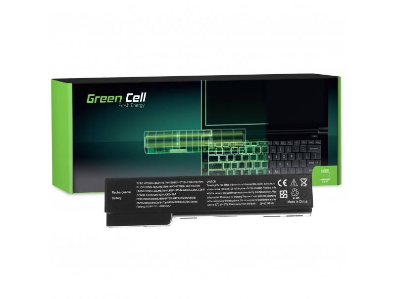 Bateria do laptopa Green Cell z informacjami o ładowaniu i znakiem CE na czarnym opakowaniu.