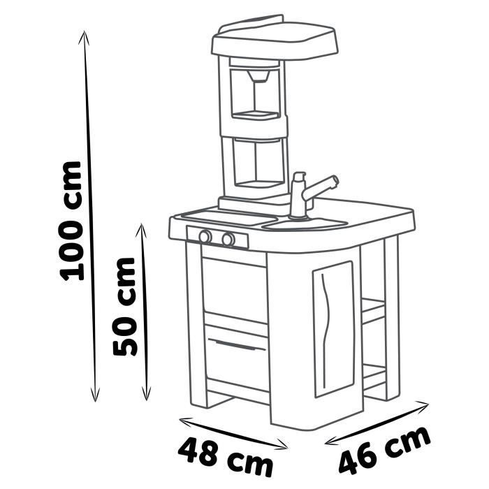 Line drawing of a toy kitchen set with dimensions: 100cm height, 48cm width, 46cm depth.