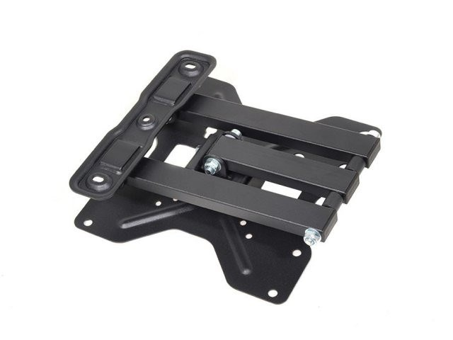Black TV wall mount with adjustable arm and screws, isolated on white.
