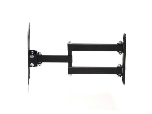 A black, articulated, extendable TV wall mount with two arms.