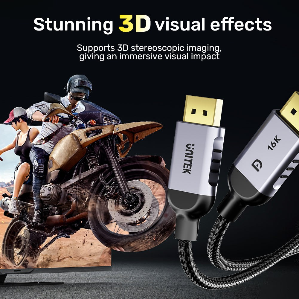 Men on a motorcycle and HDMI cables with 16K support.