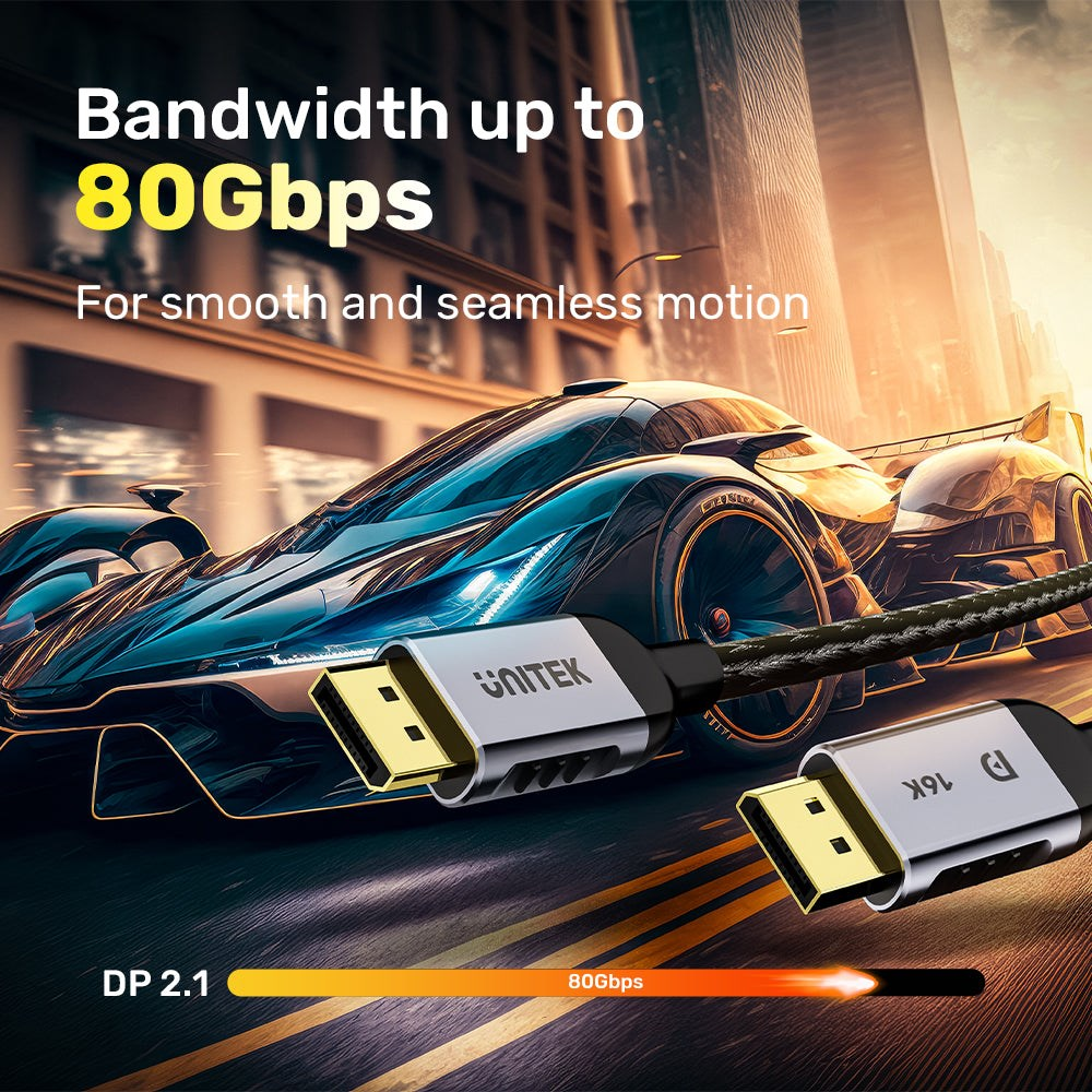 A Unitek DP 2.1 cable with 80Gbps in front of a futuristic car on a city highway.