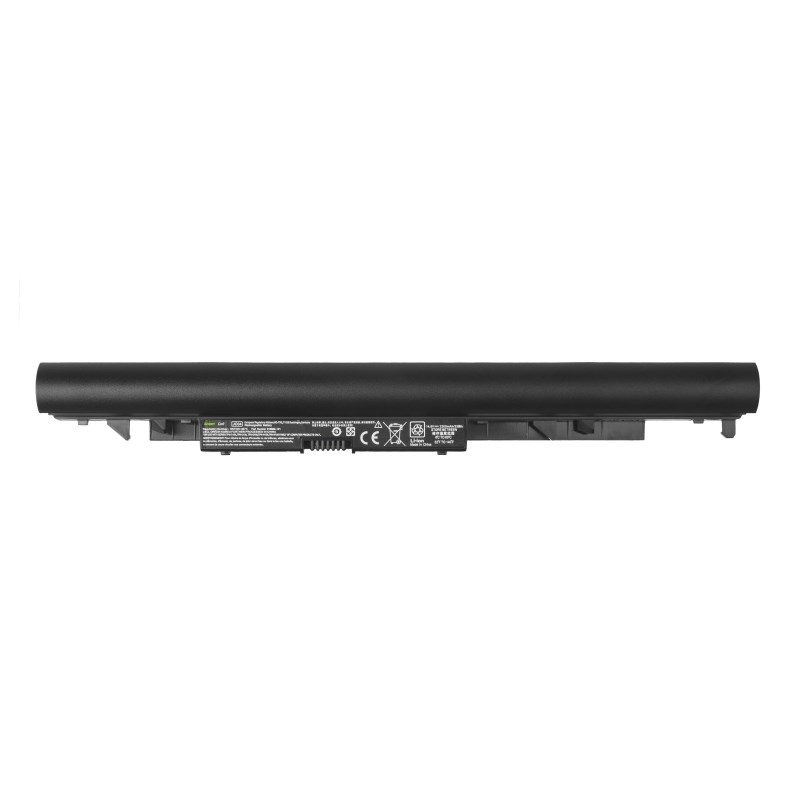 Batería negra de portátil con etiquetas y marca CE, horizontal.