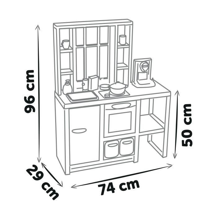 Eine schematische Darstellung einer Spielküche mit Maßen.