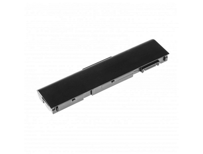 Una batteria nera per laptop con connettori su un'estremità.
