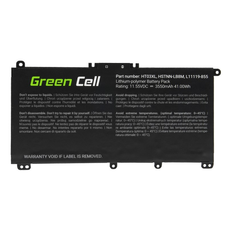 Bateria Green Cell z ostrzeżeniami: Nie upuszczaj, nie demontuj, unikaj ekstremalnych temperatur.
