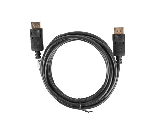 Cavo DisplayPort nero con connettori dorati, arrotolato su sfondo bianco.