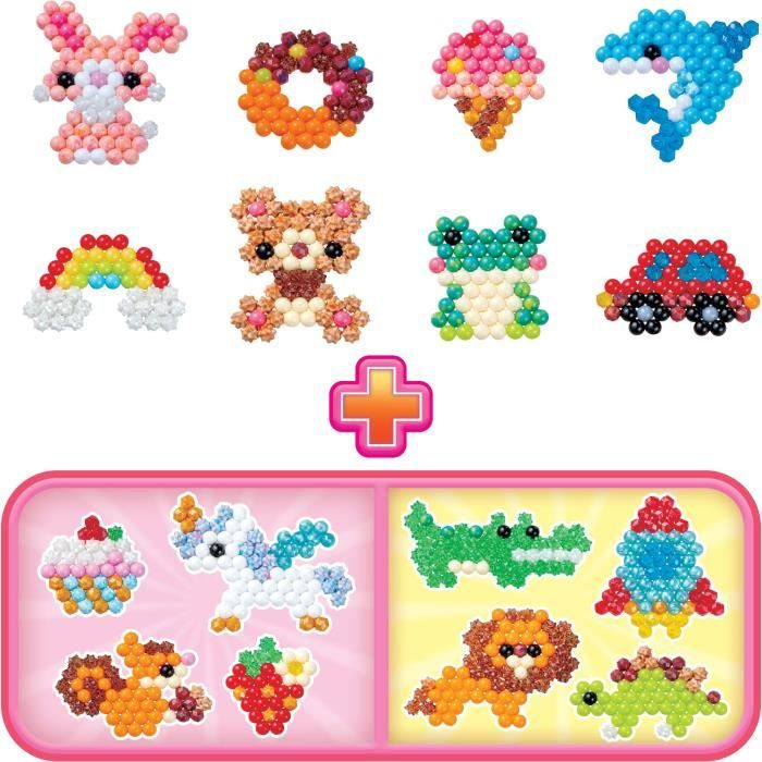 Bunte Perlenbilder: Hase, Donut, Eis, Delfin, Auto, Frosch, Teddybär, Regenbogen.