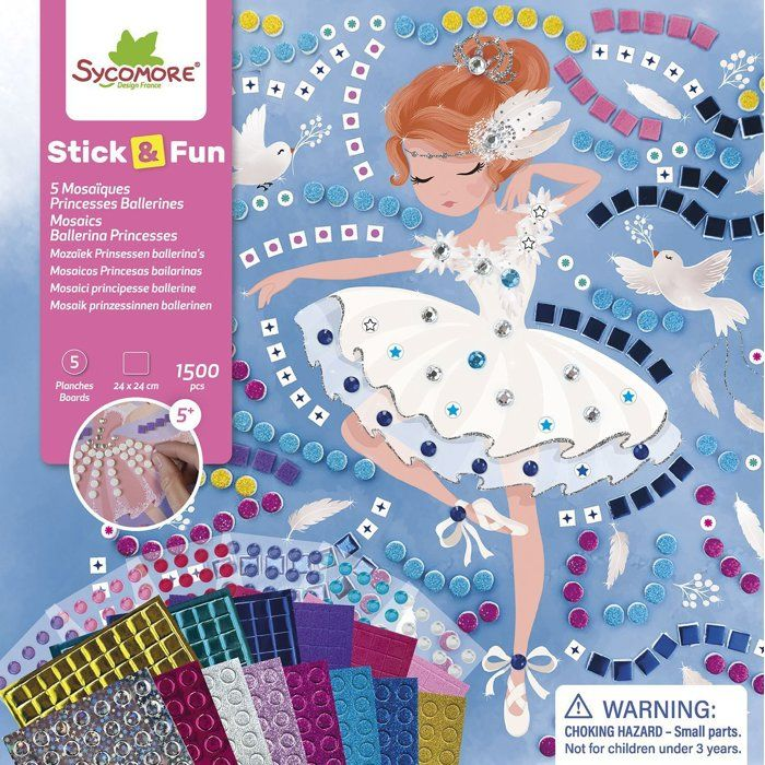 Un kit de manualidades de mosaico con una bailarina, palomas y gemas. Incluye materiales.