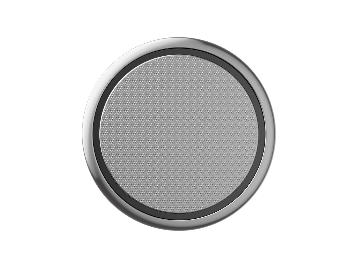 A round, silver button cell with a patterned gray center and a black ring.