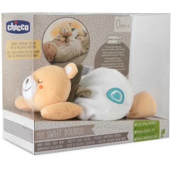 Un peluche a forma di orsacchiotto Chicco con un animale di peluche bianco e una tasca di sale. Per neonati da 0 mesi.